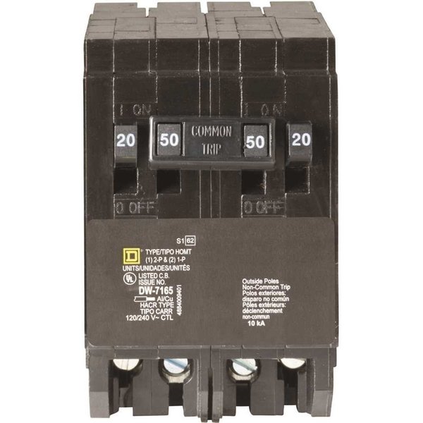 Square D Miniature Circuit Breaker, HOMT Series 20/50A, 2x1, 1x2 Pole, 120/240V AC HOMT2020250CP